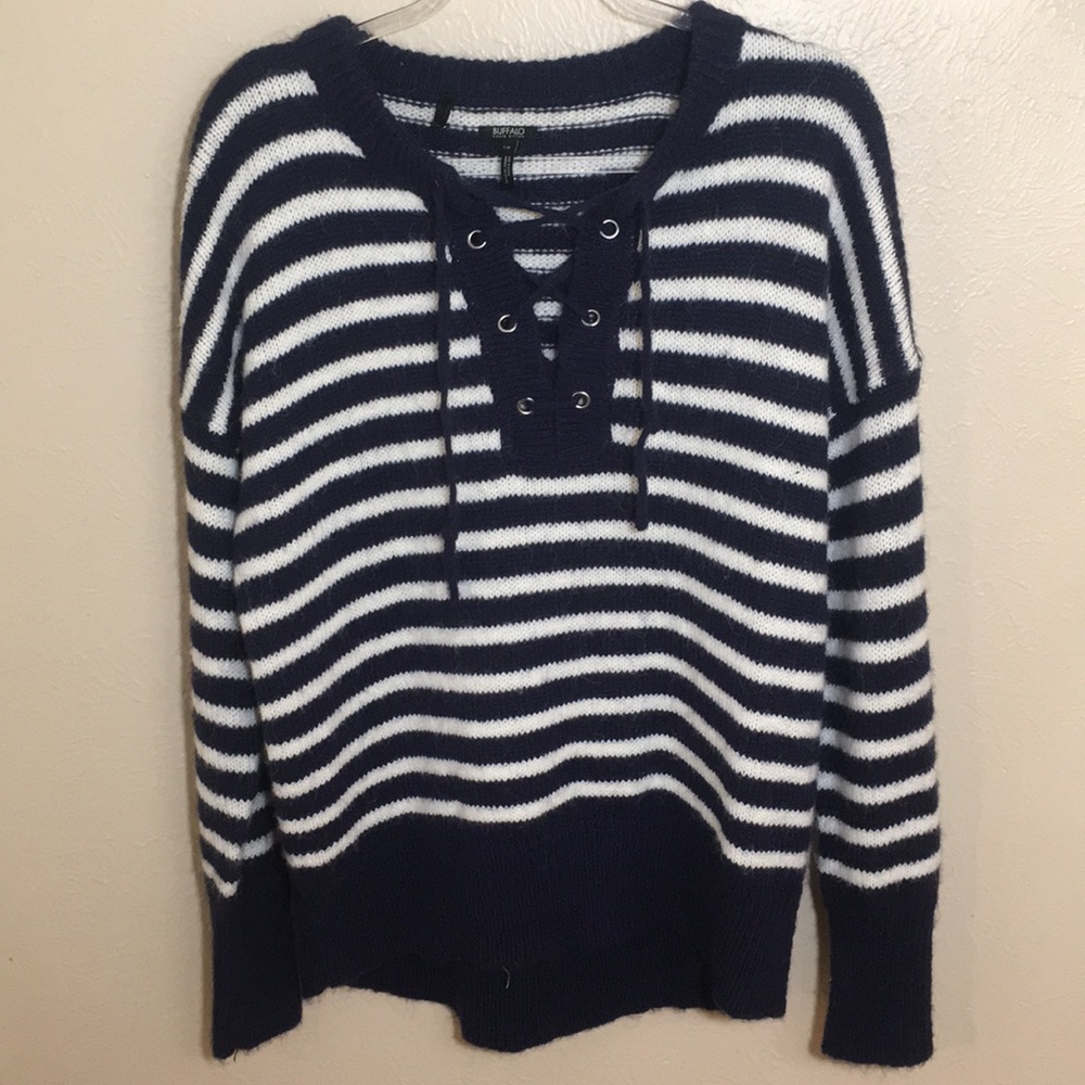 Soft Knit Lace-Up Striped Sweater